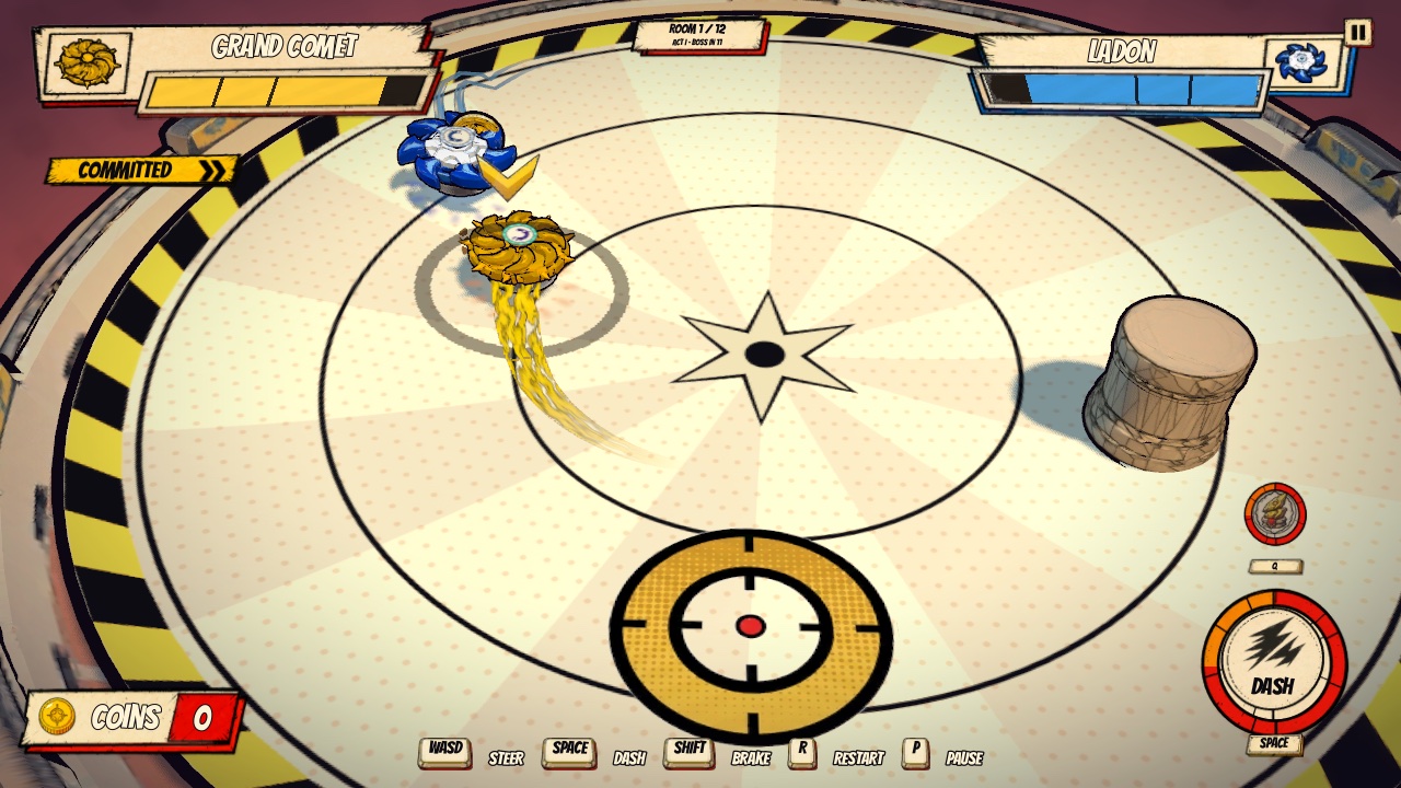Two tops fighting in the bowl, health bars at the top of the screen