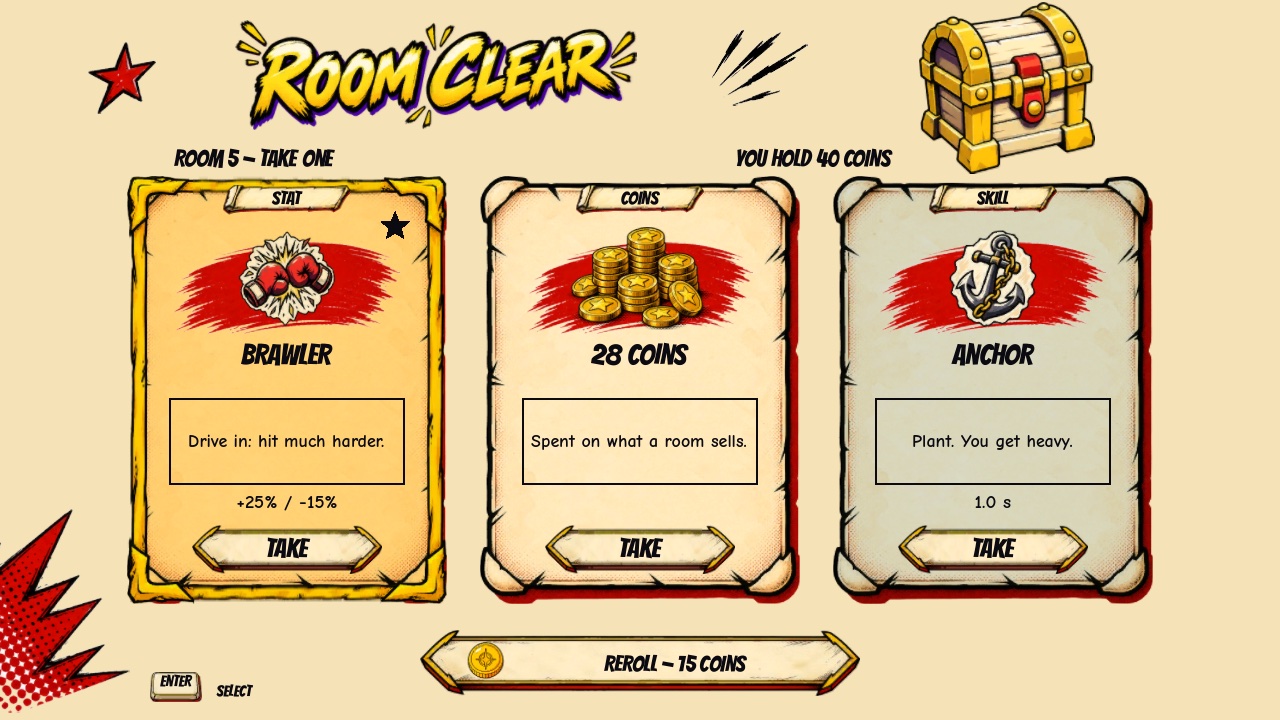 The Room Clear screen, three reward cards and a reroll button