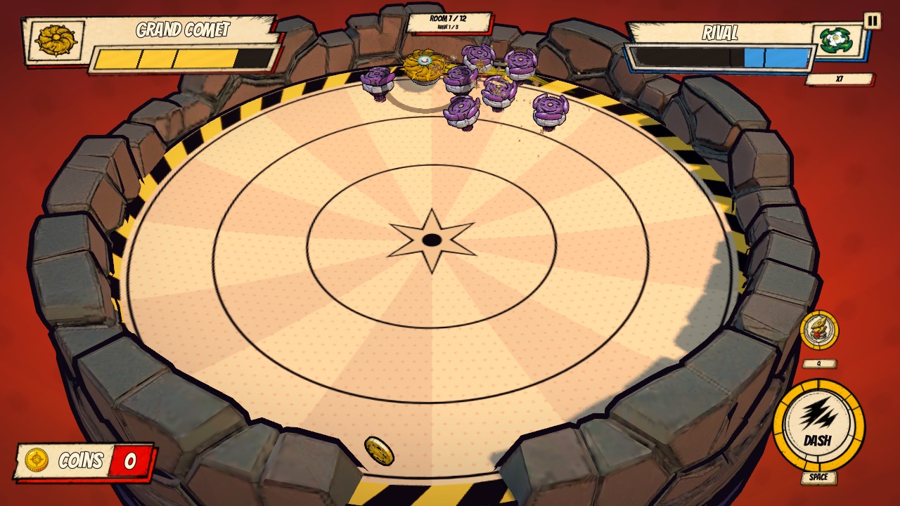 A swarm room, many small enemy tops surrounding the player